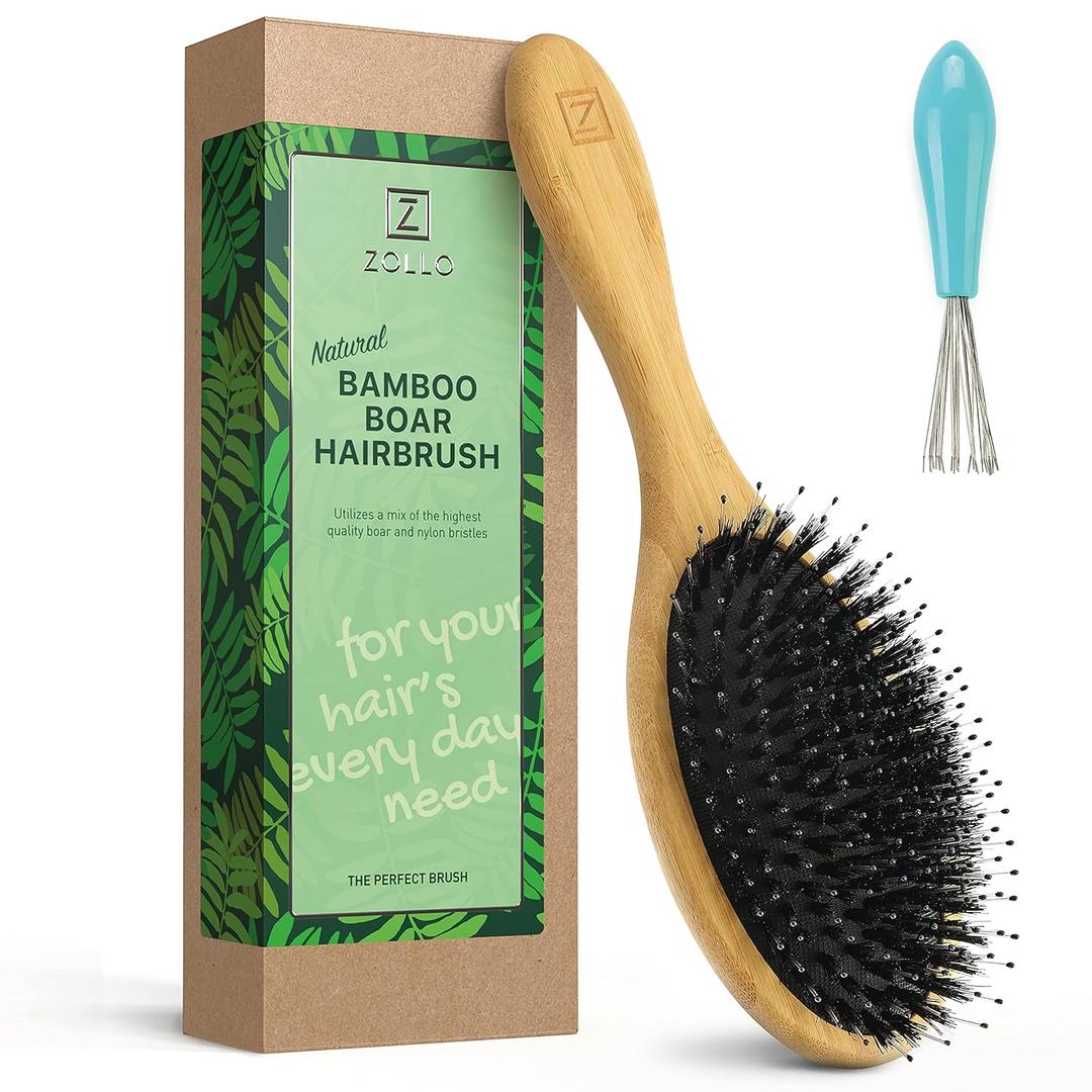 Natural Boar Bristle Hair Brush for Women, Men, Kids; Dry and Wet Detangling Hair Brush Gently Enhances Shine, Smooths Frizz and Prevents Breakage in Fine and Straight, Thick and Curly Hair (oval) (1 Count (Pack of 1))