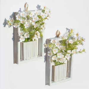 2 Pcs Artificial Flowers Wall Hanging Decor Australian Wintersweet 3D Decorative Painting Retro Vintage Wooden Frame Size: 9" x 6" (White)