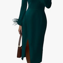 PRETTYGARDEN Women's 2025 Fall Long Sleeve Dress Formal Midi Bodycon Wrap Slit Feather Elegant Wedding Guest Cocktail Dresses, Size S