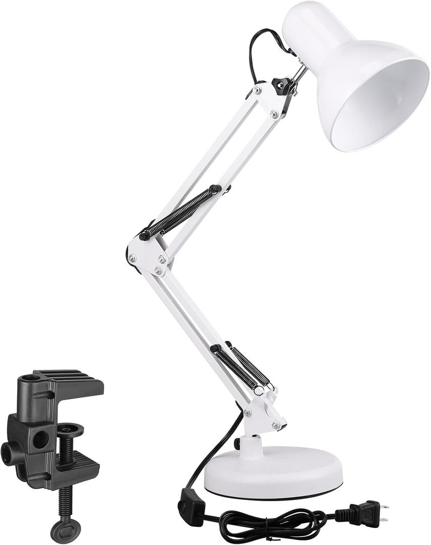 Metal Desk Lamp, Swing Arm, Architect Adjustable Gooseneck Table Lamp, Work, Study, Reading, E26 Base, Multi-Joint, White