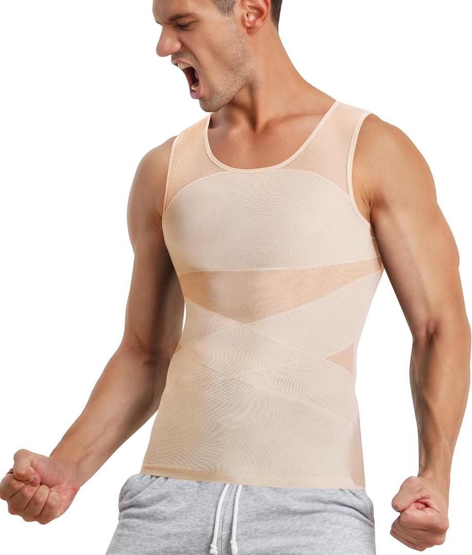 TAILONG Men's Compression Shirt for Body Shaper Slimming Vest Tight Tummy Underwear Tank Top (Beige) L