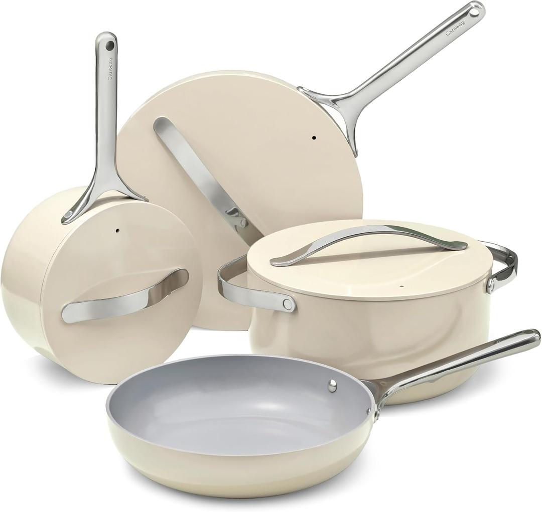Caraway Non-stick Ceramic Cookware Set (12 Piece) Pots, Pans, Lids and Kitchen Storage - PFAS & PFOA Free - Oven Safe Pan Set & Compatible with All Stovetops - Cream, 12pc Set