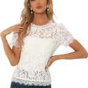 Allegra K Women's Lace Top Summer Floral Scalloped Trim Short Sleeve Semi Sheer Tops (White, S)