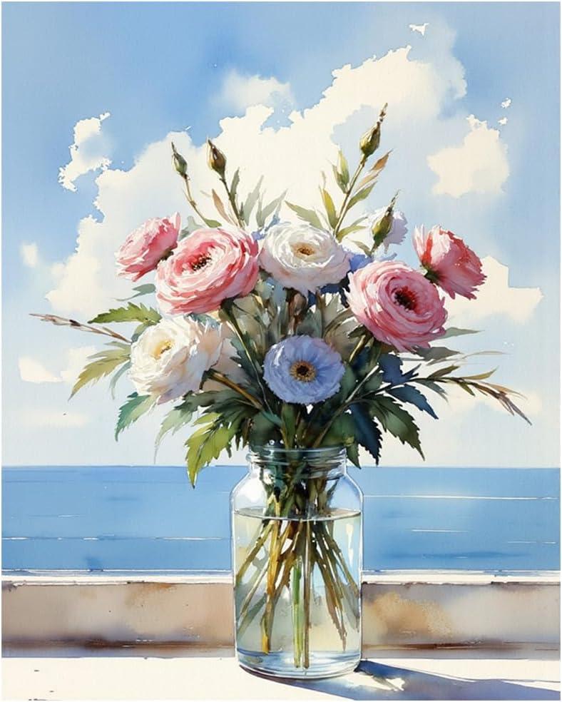 EnLvYY Paint by Numbers Kit for Adults, DIY Acrylic Painting on Canvas, Flowers in Vase with Pink & White Bouquet, Ocean View Wall Art, Beginner Gift for Friends and Family,16X20IN Framed
