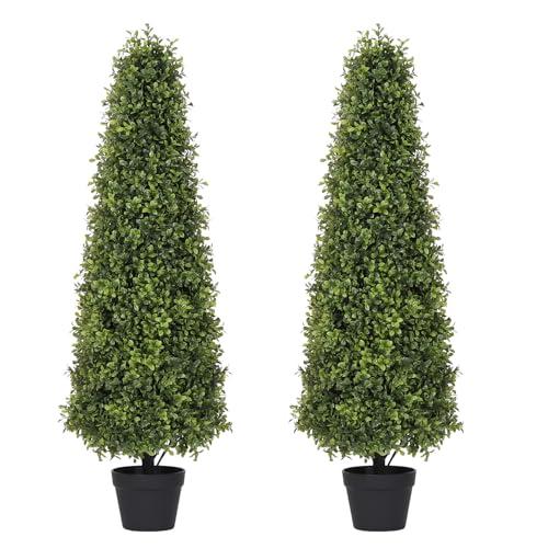 Azoco 4ft Artificial Boxwood Topiary Trees (Set of 2) - UV Resistant Faux Plants Outdoor, Realistic 48in Fake Potted Bushes and Shrubs for Front Porch, Planter, Patio - Low Maintenance & Evergreen