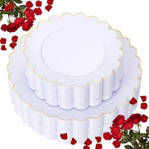 LIYH 60 Pcs Gold White Plastic Plates Scalloped Disposable Combo Includes 30 Dessert & 30 Dinner Plates for Valentines Day Birthday Wedding Party