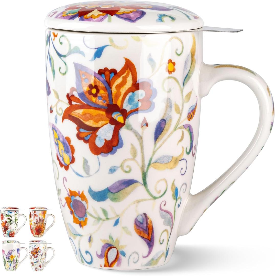 GBhome Tea Mug with Infuser and Lid, 18 Ounce Large Ceramic Loose Leaf Cup, Microwave, Dishwasher Safe, Perfect for Tea Lovers (Ethereal)