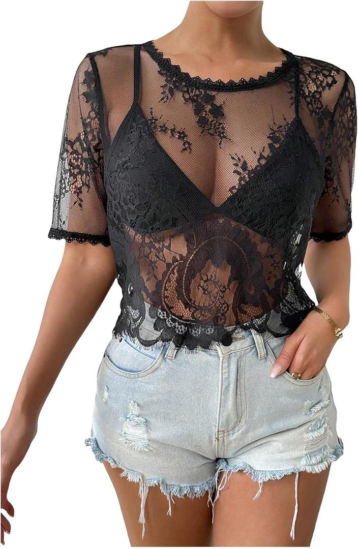 SOLY HUX Women's Sheer Mesh Crop Top Lace Short Sleeve Crew Neck See Through Tshirts Summer Outfits, Size 44