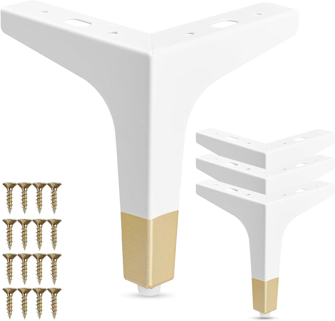 La Vane 4 Inch Metal Furniture Legs, Set of 4 - Modern Diamond Triangle White/Gold DIY Replacement Feet Corner Legs for Cabinet, Sofa, Sideboard, Couch, Dresser Makeover
