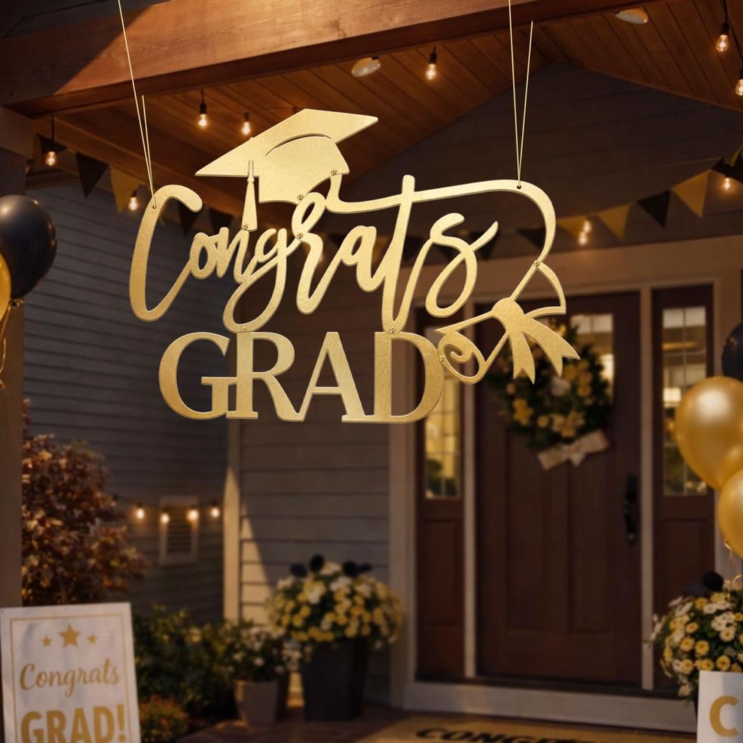 Geetery Large Graduation Metal Grad Sign Decor 30.3 x 19.7 inches 2026 Gard Photo Booth Prop Graduation Party Backdrop for Front Door Outdoor Indoor Wall College Graduate Party (Congrats Grad,Gold)