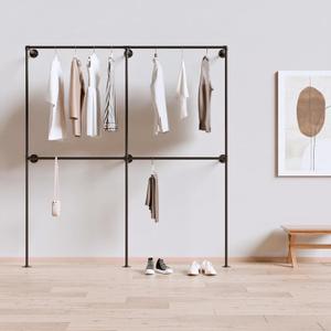 Heavy Duty Industrial Pipe Clothing Rack - Wall Mounted Garment Rack with Hanging Rods, 14.6x75x82.7 Inches, Model K03 (Black)