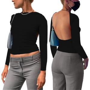 Backless Tops for Women Sexy - Casual Y2K Crop Shirts Long Sleeve Crewneck Slim Fit Cut Out Tees Black Small
