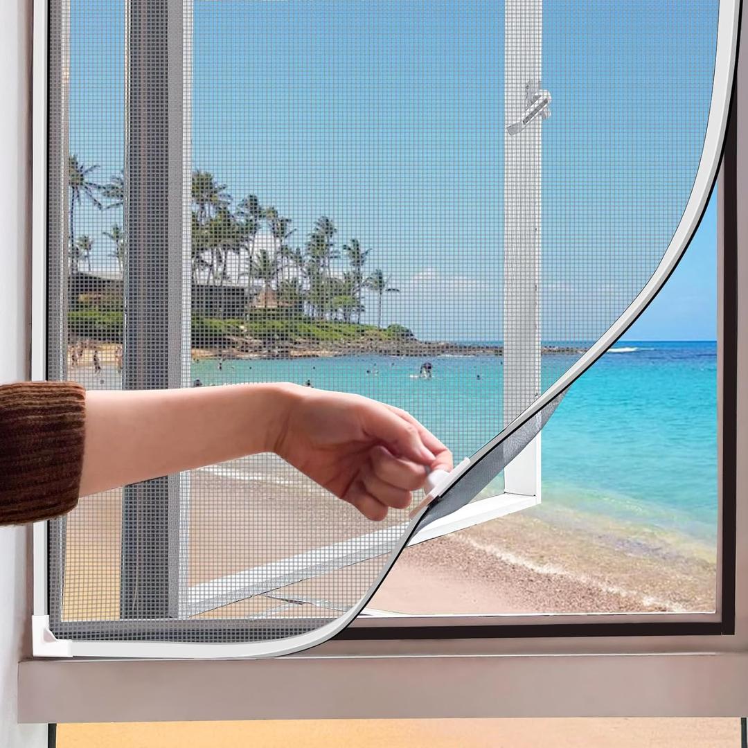 Magnetic Window Screen, Adjustable DIY 47x51in Window Screen Replacement, White Frame Gray Fiberglass Mesh, No Drilling Easy Cut-to-Fit for Sliding/Swing/Top-Hung, Fits Wood/Iron/PVC Frames