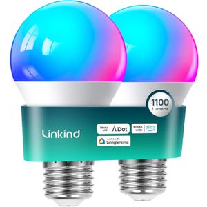 Linkind Smart Light Bulbs, 1100LM (75W Equivalent) Smart Bulb, Work with Alexa & Google Home, RGBTW Color Changing Bulbs Music Sync, 2.4GHz Wi-Fi & Bluetooth, LED Alexa Light Bulbs 11W, A19 E26, 2 Pack