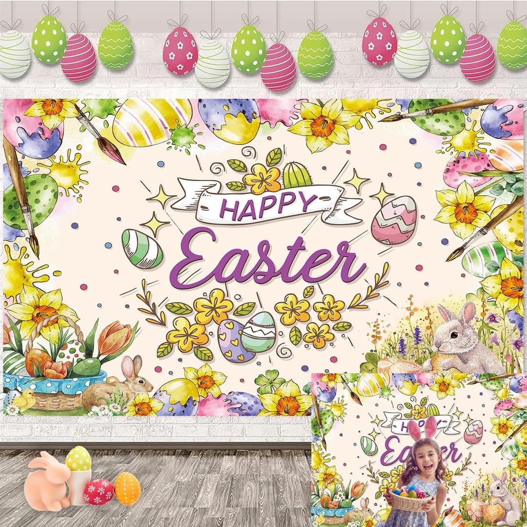 Happy Easter Decorations Banner Watercolor Painting Bunny Colorful Eggs Easter Photography Backdrop Spring Egg Hunt Party Decorations Banner(7x5FT210x150cm)