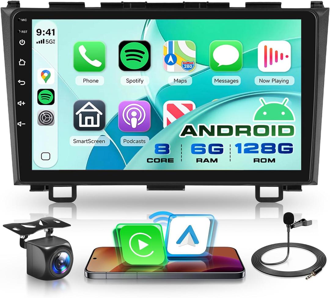 8 Core 6G+128G Android 15 Car Stereo Radio for Honda CRV 2007-2011, Rimoody Wireless Carplay Andorid auto GPS 5G-WiFi 9'' Touchscreen DSP Bluetooth 5.0 FM/RDS SWC Backup Camera