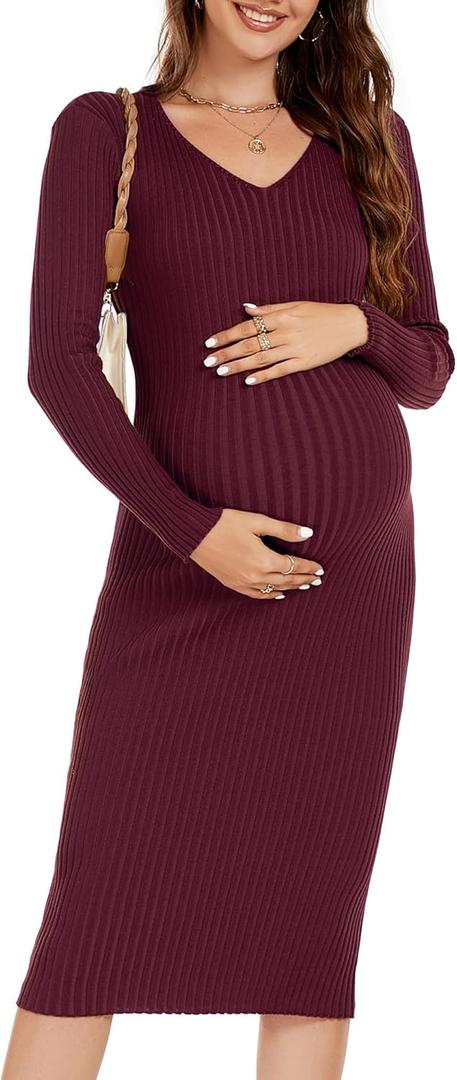 WANTROY Maternity Dress Long Sleeve V Neck Knit Stretchable Sweater Dresses Pregnancy Clothes for Photoshoot Baby Shower (Medium, Wine Red)