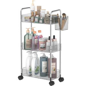 REALINN Rolling Storage Cart, 3 Tier Clear Grey Bathroom Cart Organizer, Utility Movable Shelving Unit for Laundry Room Organization, Storage for Office, Living Room, Grey
