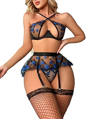 WDIRARA Women's Sexy Lips Print Criss Cross Lace Mesh Cut Out Garter Belt Lingerie Set with Stocking, Size XL