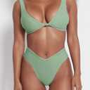 geluboao Bikini Set for Women Solid V Neck Knot Front Push Up High Leg Thong Two Piece Swimsuit (Green, L)