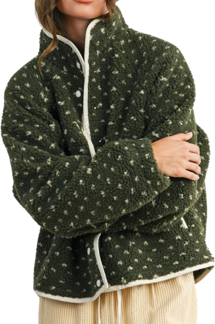 Women's Fleece Jacket Button Down Lapel Collar Sherpa Jackets Long Sleeve Contrast Quilted Outerwear (Medium, Dark Green)
