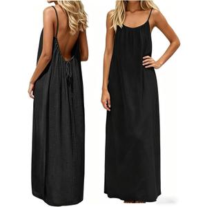 Womens Summer Casual Sleeveless Backless Cami Sundress 2026 Vacation House Dress (Black, 2XL)