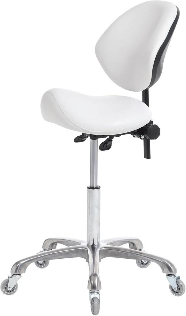 Ergonomic Saddle Stool Rolling Adjustable, Hydraulic Heavy-Duty (350 lbs) Stool Chair for Dental Lab Salon Massage Studio Office(White, With Backrest)