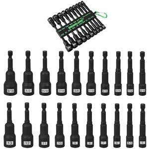 20-Piece Magnetic Nut Driver Set, Metric & SAE 1/4" Hex Shank, Drill Socket Set, Impact Driver Bit Set, Magnetic Bit Holder with Aluminum Alloy Snap Clip, 65mm Long Hex Bit, Quick Change Tool