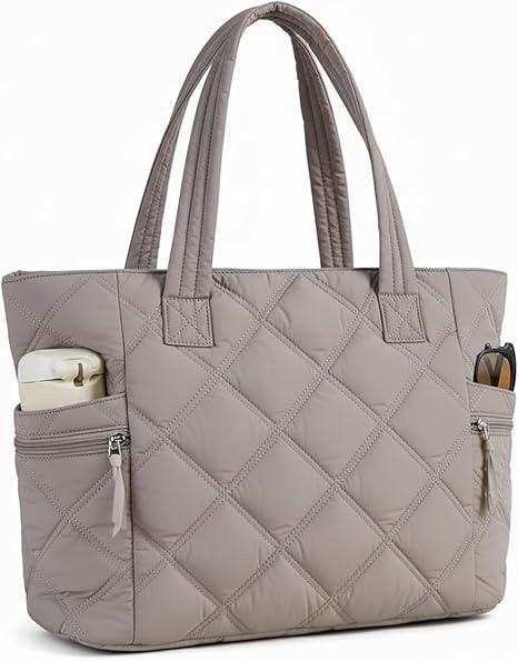 Prite Quilted Tote Bag for Women, Lightweight Puffer Tote with Zipper, Travel Work Nurse Gym Bag(Grey)