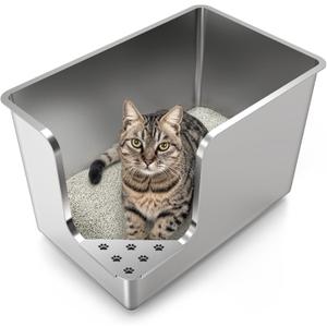 Stainless Steel Litter Box 14.5" High-Side, XL Metal Cat Litter Box, Corner Opening Entry Pet Toilet, Cat Litter Pan with Wheels, Easy to Move, Non-Stick, No Odor, for Big or Multiple Cats