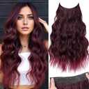 KooKaStyle Invisible Wire Hair Extensions with Transparent Headband Adjustable Size 4 Secure Clips Long Wavy Hairpiece 20 Inch Ombre Burgundy mix Black for Women