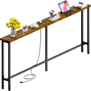 GRLEAF 70" Sofa Table with Built-in Power Strip (2 AC Outlets & 2 USB Ports) 4.9ft Power Cord, Metal Frame, Easy Assembly, Long Couch Table Behind Sofa, Living Room and Home Office | Rustic Brown