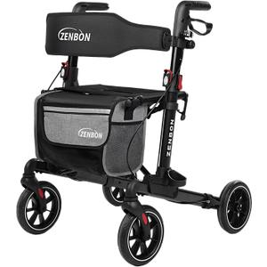 Rollator Walker for Seniors/Adults Foldable in Two Directions Rolling Walker with Seat 330 lbs Capacity 4 Big 8 inch Wheels Hand Grips Adjustable Height Lightweight Aluminum Walker 7204(Black)