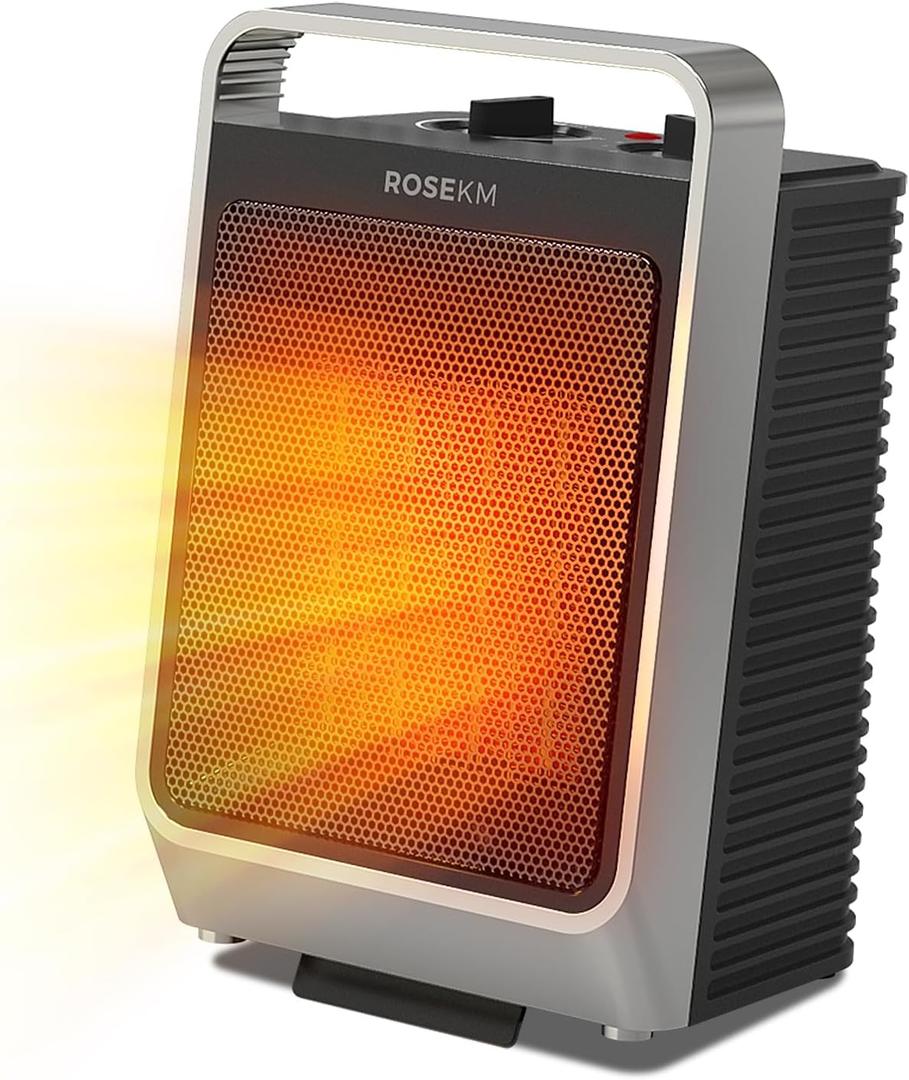 ROSEKM Space Heaters for Indoor Use, 1500W Portable Electric Heater with Thermostat, Ceramic Heater for Room Bedroom Office Under Desk with 3 Heating Levels, Safe Tip-Over Protection (Silver)