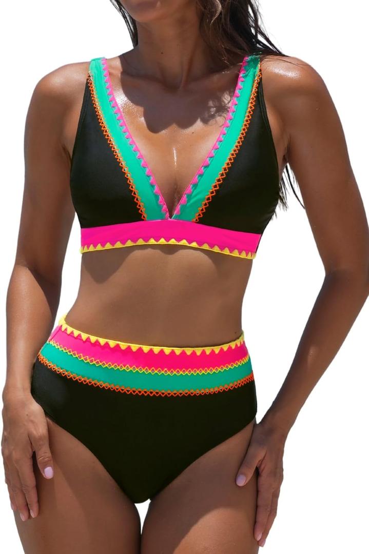 popvil High Waisted Bikini Sets for Women Two Piece Bathing Suits Neon Swimwear V Neck Full Coverage Swim Suits 2026 XL