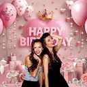Pink Happy Birthday Backdrop Rose Gold Floral Heart Crown Balloon Elegant Photography Background Girls Princess Women Birthday Baby Shower Party Decor Banner Photo Supplies (7x5FT)