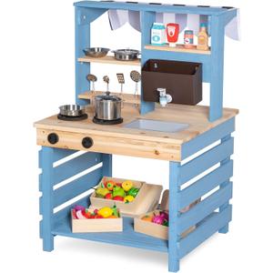 Kids Kitchen Playset, Double-Sided Wooden Outdoor Mud Kitchen w/Realistic Faucet, Removable Sink, Cooking Toys, Menu, Toddler Pretend Play Kitchen, Backyard Mud Table, Gift for Boys Girls