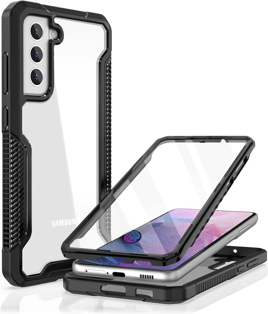 ANSHOW for Samsung Galaxy S21 FE 5G Case, with [Soft Built-in Screen Protector] [Touch Sensitive], Full Body Slim Rugged Shockproof Cover with Dual Layer Clear Protective for Outdoor Sports, Black