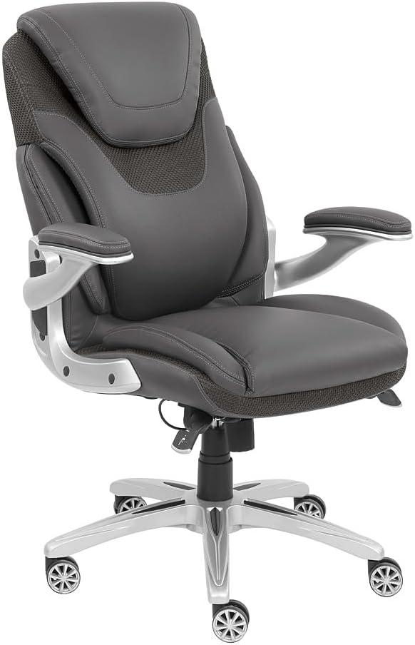 NBF Avanti Faux Leather Executive Office Chair Desk Chair - Ergonomic Chairs with Flip Arms - Modern Office Chair with Iridescent Silver Finish - Lumbar Support Chair (Gray) (Grey)
