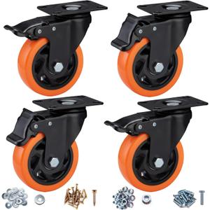 4" Caster Wheels, Casters Set of 4 Heavy Duty - Orange Polyurethane Castors, Top Plate Swivel Wheels, 4-Pack Industrial Casters with Brake, Locking Caster for Furniture and Workbench