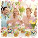 Eaasty 50 Pcs Easter Gift Bags Easter Basket Treat Bags with Handle Resealable Colorful Eggs Floral Bow Plastic Sealing Candy Pouches for Egg Hunt Holiday Party Candy Gift Wrap Supplies Decorations