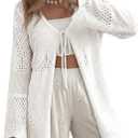SHEWIN Crochet Cardigans for Women Long Sleeve Tie Front Bow Cardigan Sweaters Hollow Out Knit Summer Beach Vacation Coverups, Size: L