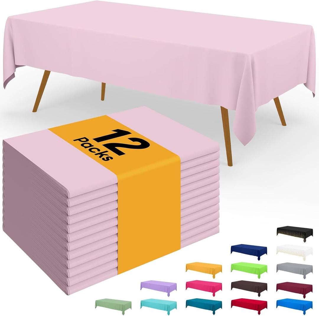 Smiry Disposable Table Cloth - 12 Pack, 54 x 108 Inch Waterproof Rectangle Tablecloths for Easter Party, Valentines & Mothers Day Decorations, Decorative Plastic Table Cover, Leakproof & Sturdy, Pink