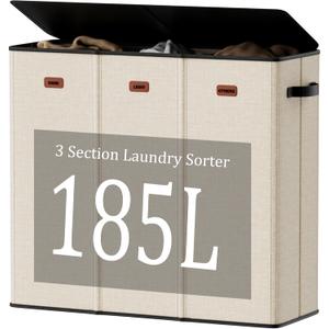 185L Laundry Hamper 3 Section with Lid, Beige Clothes Hamper with 3 Removable Laundry Bags, Large Laundry Basket for Bedroom, Laundry Room, Dorm