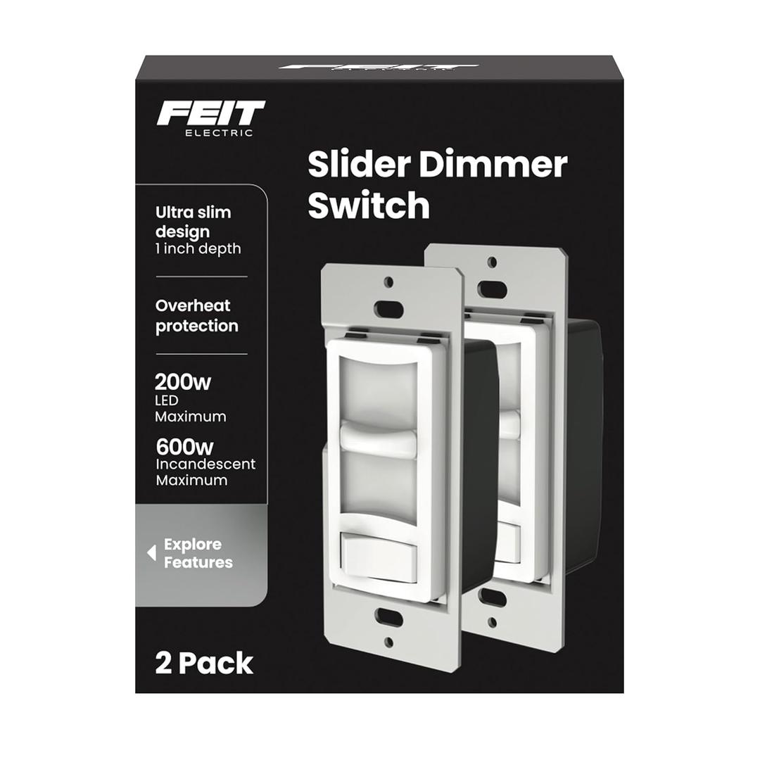 Feit Electric Slide Dimmer Switch for Dimmable LED Light Bulbs, Single Pole or 3-Way Toggle Light Switch, Wall Plate and Wire Nut Installation Included, DIM/Slide/2, 2 Pack