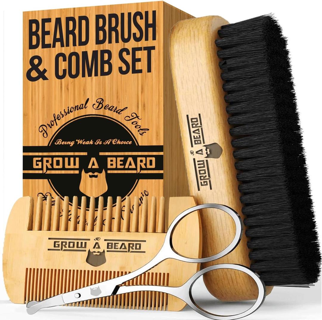 Beard Brush Kit, Comb and Brush Set for Men - Natural Boar Bristle Brush, Dual Action Wood Comb (Beige)
