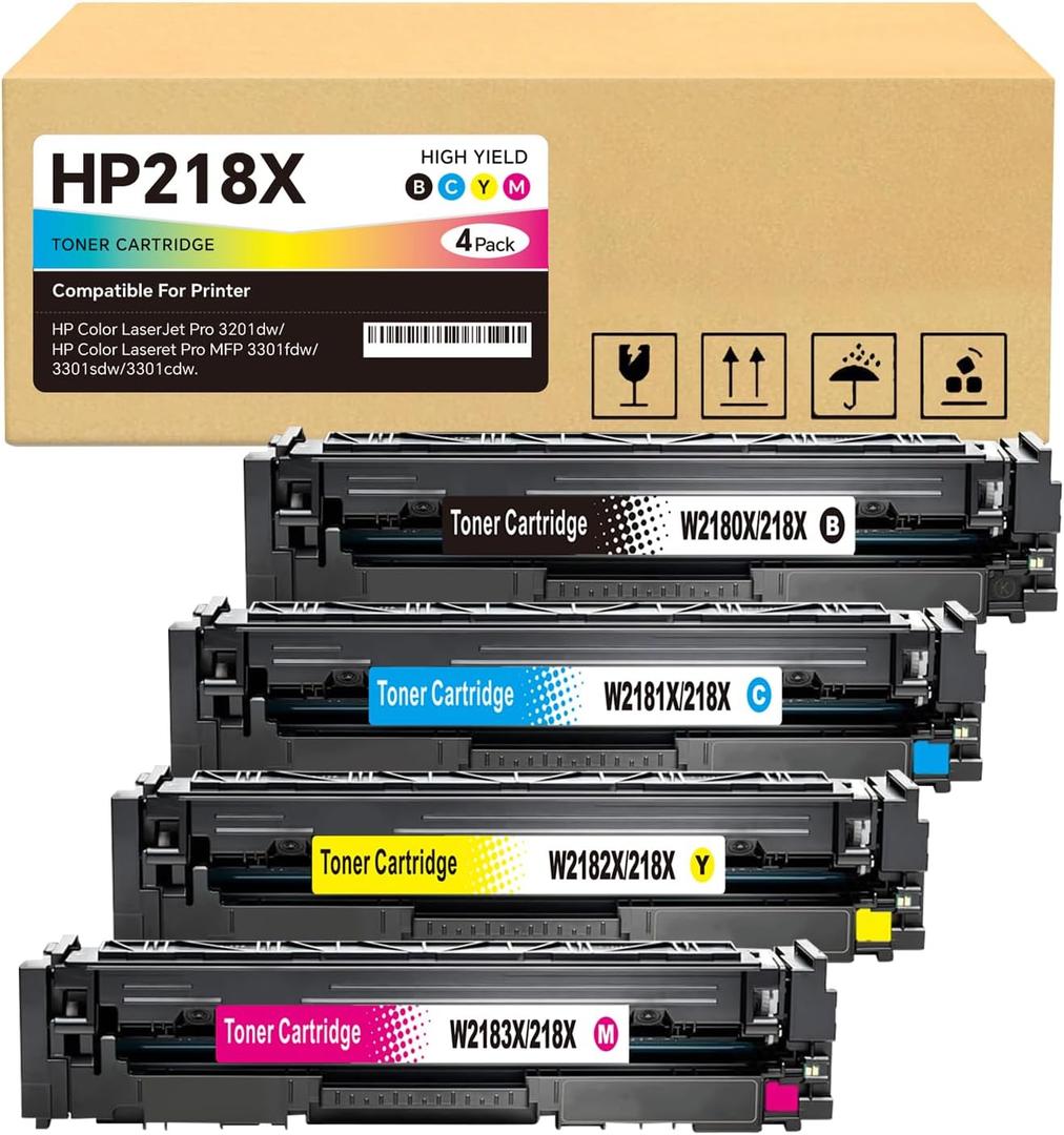 218X High Yield Toner Cartridge Replacement for HP 218X/218A to Compatible with HP Color Laser Jet Pro 3201dw MFP 3301cdw MFP 3301fdw MFP 3301sdw W2180X W2181X W2182X W2183X (No Chip) (4 BK/Y/C/M)