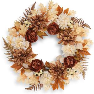 24 Inch Fall Brown Wreaths for Front Door Outside Autumn Wreath with Artificial Dahlia, Chrysanthemum, Rose, Berries & Leaves  Fall Door Wreath for Outdoor Indoor Thanksgiving Decor Terracotta 24 Inch Fall Brown Wreaths for Front Door Outside Autumn Wreath with Artificial Dahlia, Chrysanthemum, Rose, Berries & Leaves  Fall Door Wreath for Outdoor Indoor Thanksgiving Decor Terracotta