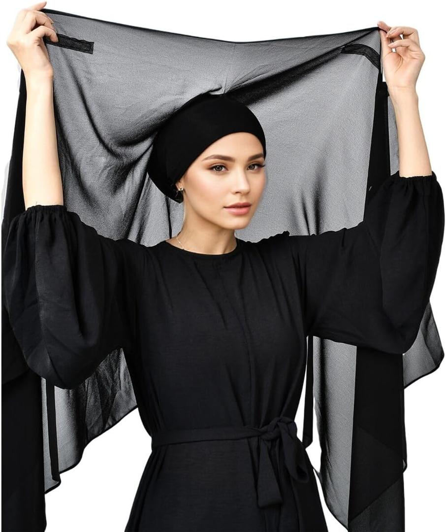 Instant Chiffon Hijab Set 3-in-1 Scarf with Built-in Magnets and Undercaps Head Wraps with Model Cap (Black)