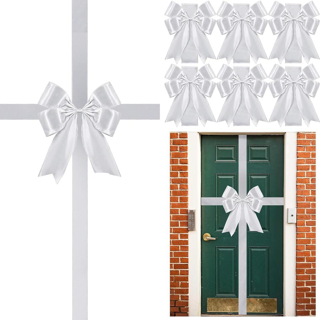 Yinkin 6 Pcs Extra Large Christmas Cabinet Door Ribbon Bow 14.1 x 6.58 ft Door Decorations for Christmas Tree Fireplace Home Front Outdoor(Silver)